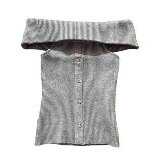 Gray Off Shoulder Ribbed Knit Button Top